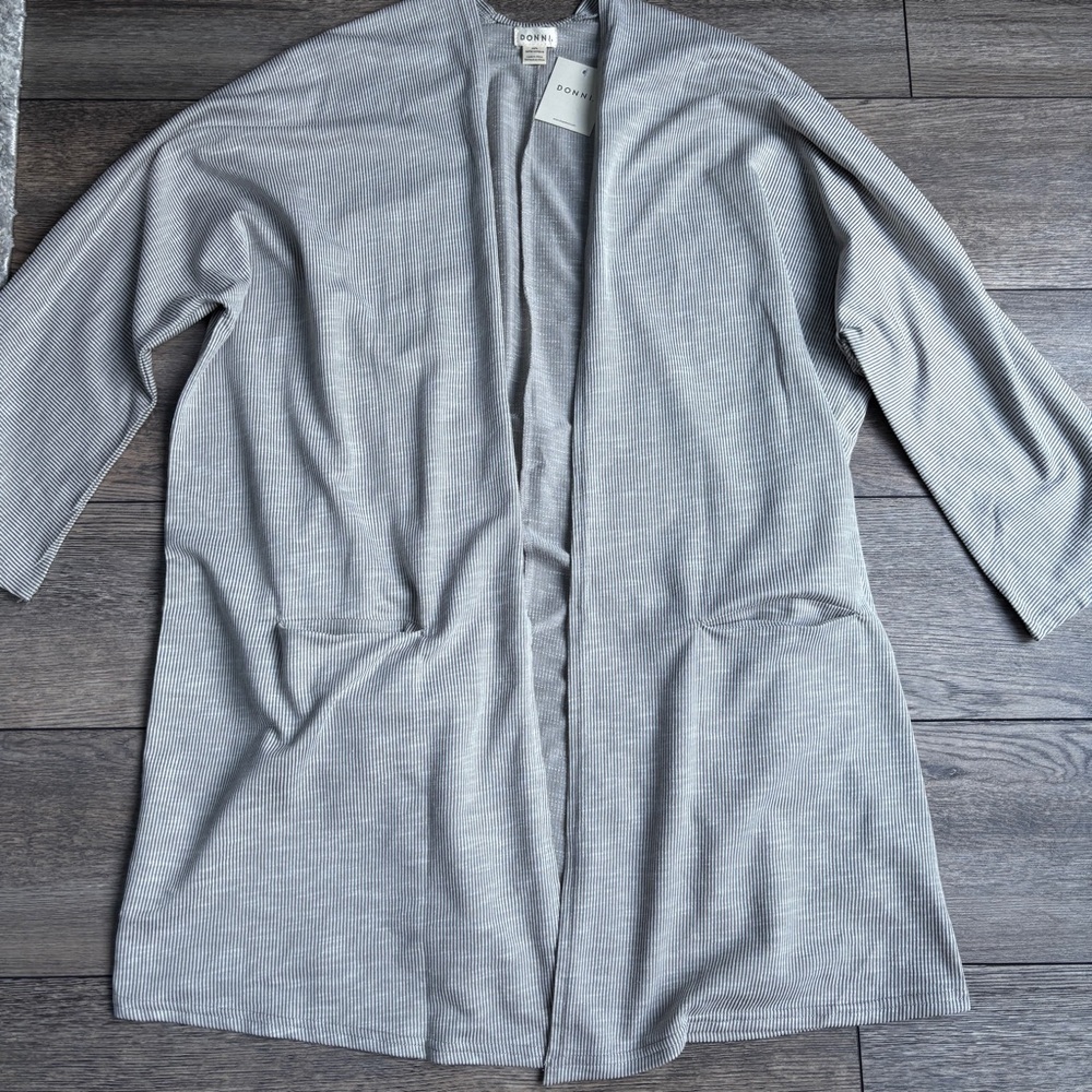 NWT Donni Open Front Ribbed Cardigan Kimono Gray Pockets Sz ONE SIZE